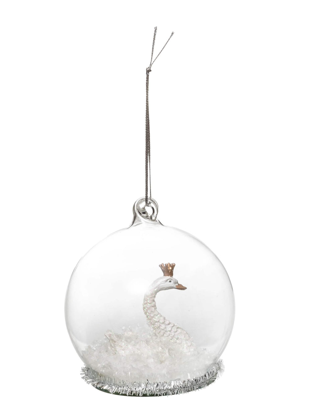 Boule de noël en verre cygne blanc féerique blanc et transparent avec couronne dorée