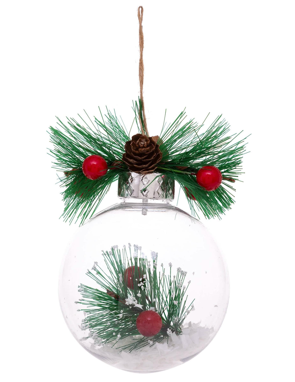 Boule de Noël naturelle avec neige et sapin transparente avec pomme de pin et baies rouges
