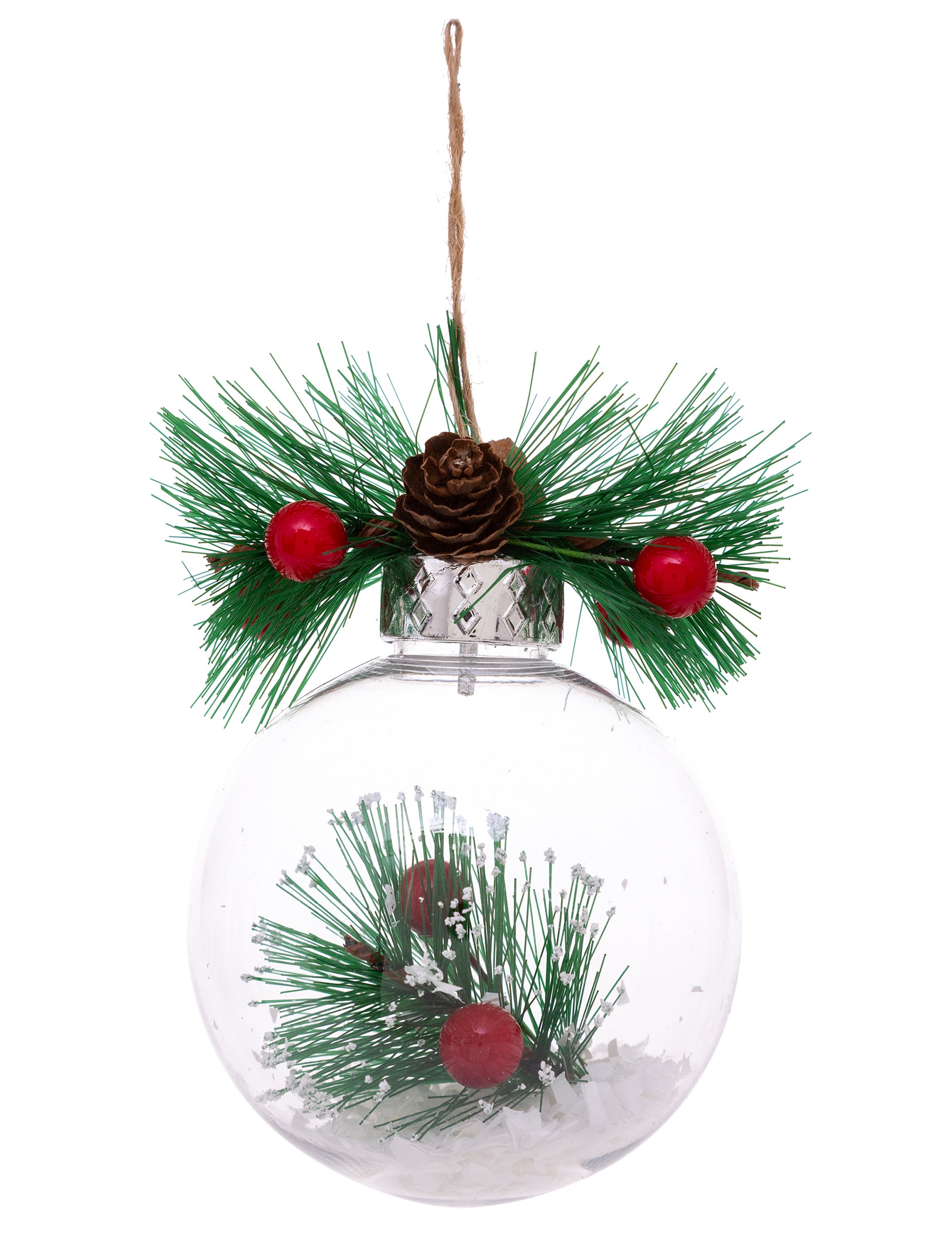 Boule de Noël naturelle avec neige et sapin transparente avec pomme de pin et baies rouges