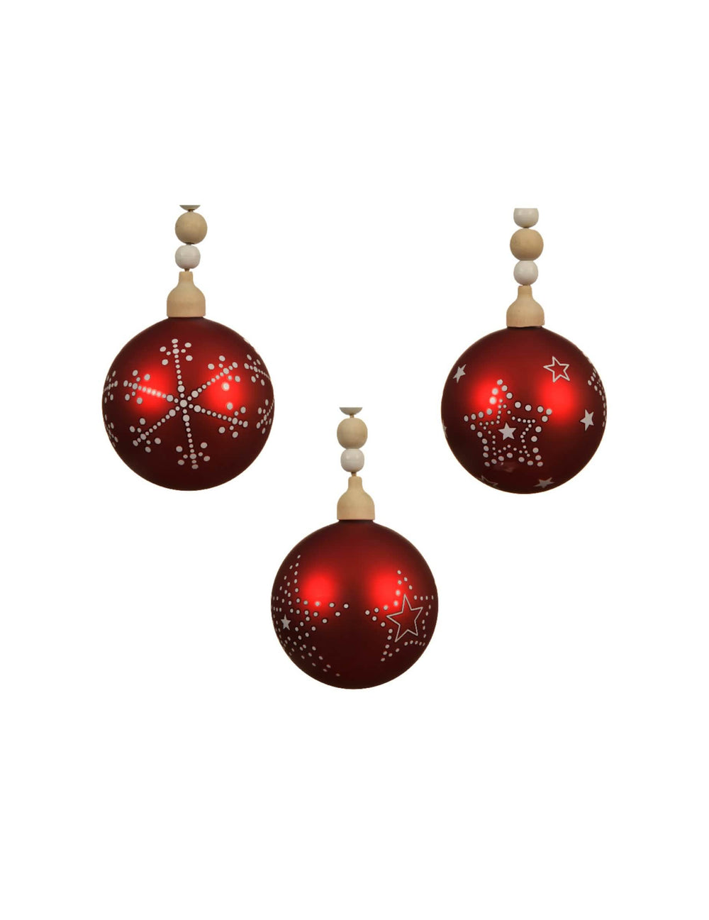 rote Glas-Weihnachtskugel mit weißen Mustern und Perlen