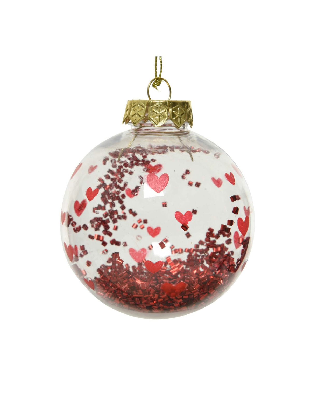 Weihnachtskugel mit roten Herzen und glänzendem Konfetti für transparente Dekoration