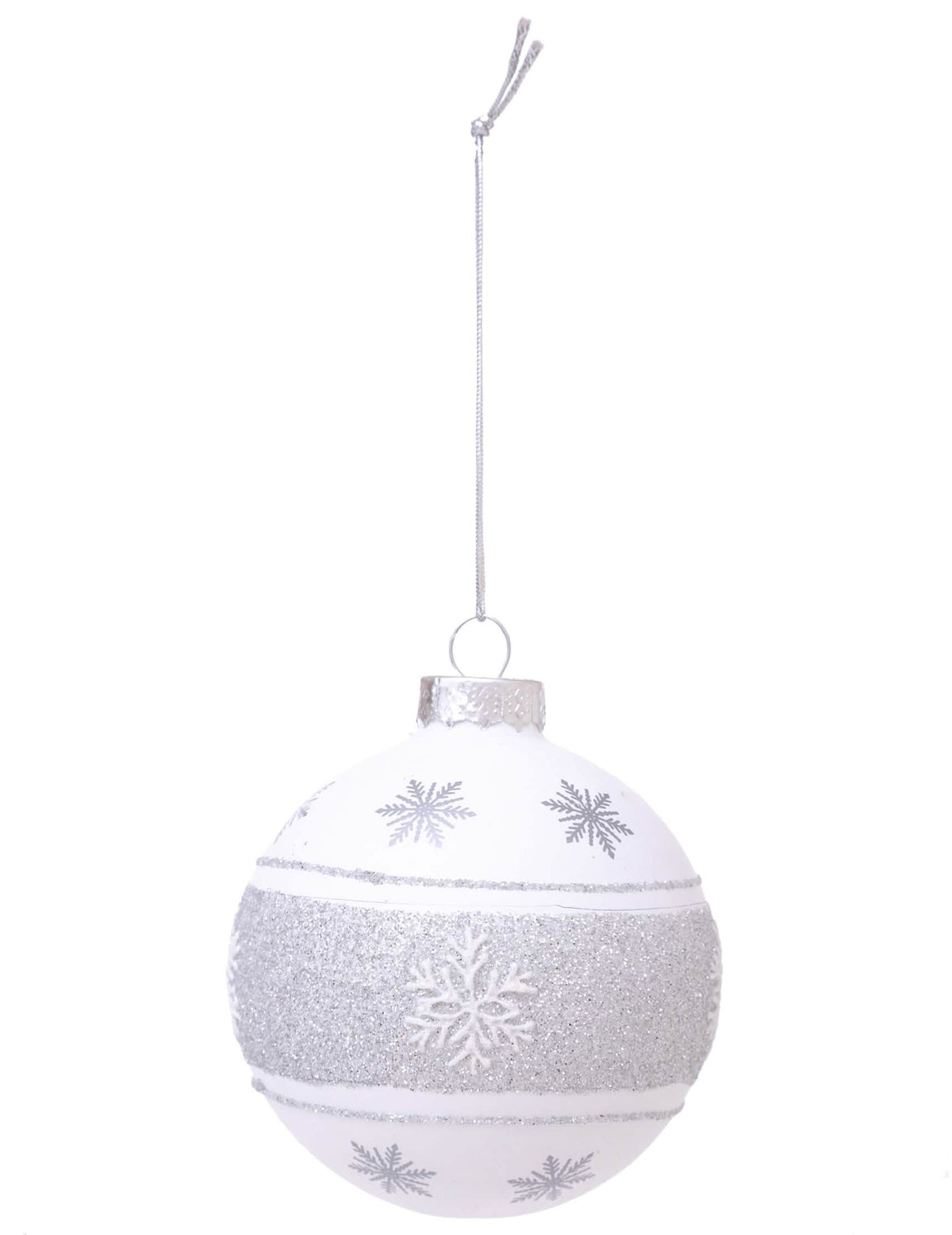 Boule de noël en verre flocon argenté blanche et argentée pailletée