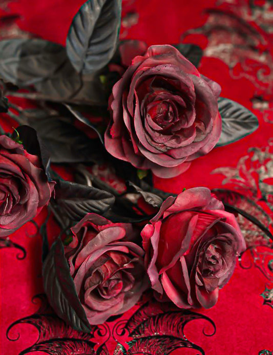 5er-Bouquet weinrote Rosen mit schwarzen BlÃ¤ttern 48 cm