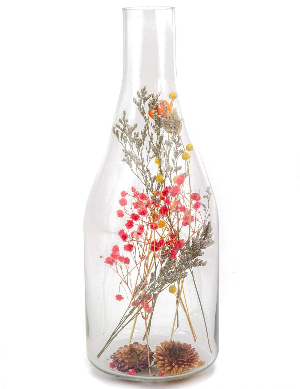 Flasche mit getrockneten Blumen für farbenfrohes Tischzentrum