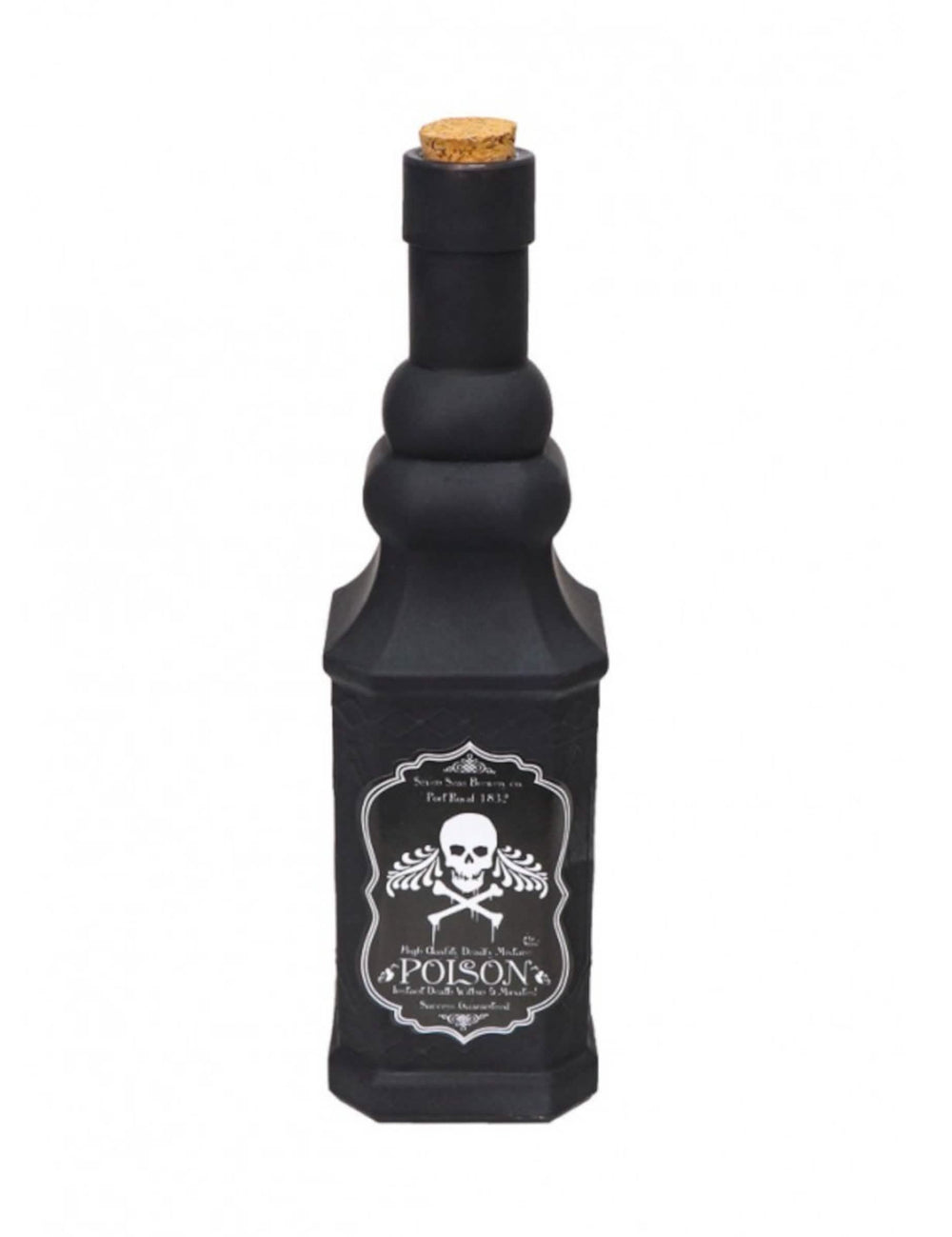 Bouteille en verre Halloween pour décoration noire avec étiquette poison et bouchon en liège
