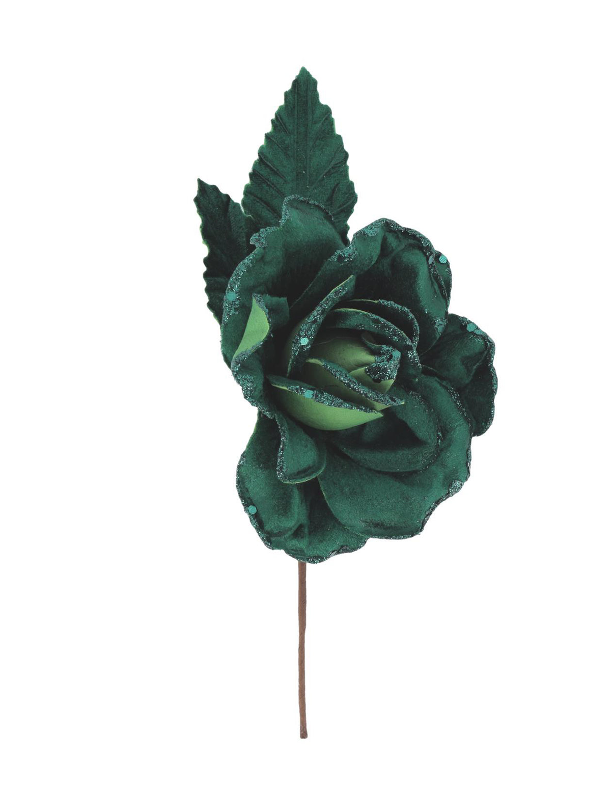 Rosenzweig aus Glitzer-Samt in Dunkelgrün - 21 cm
