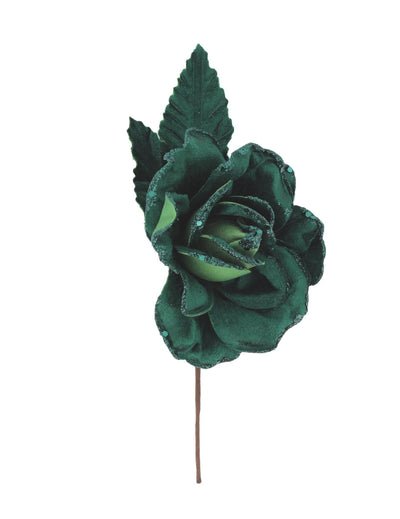 Rosenzweig aus Glitzer-Samt in Dunkelgrün - 21 cm