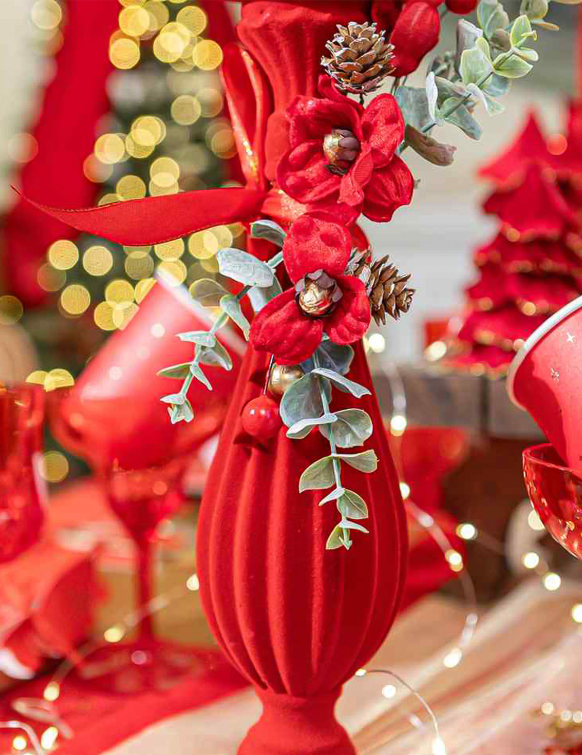 Deko-Zweig Élégance aus Samt in Rot, Grün und Gold - 18,5 cm