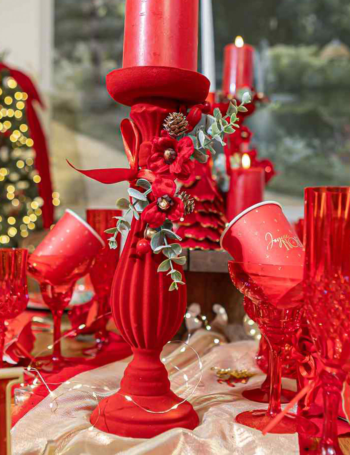 Deko-Zweig Élégance aus Samt in Rot, Grün und Gold - 18,5 cm