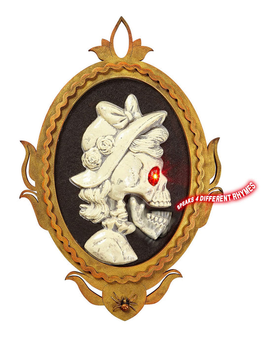 Portraitrahmen Dame Skelett für Halloween, abnehmbar und leuchtend mit rotem Auge und Goldrahmen