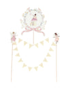 Cake topper guirlande joyeux anniversaire fée pour enfant pastel avec médaillon et fleurs