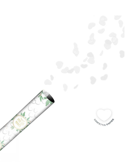 Détail des confettis en forme de cœurs blancs du canon à confettis en papier Vive les mariés