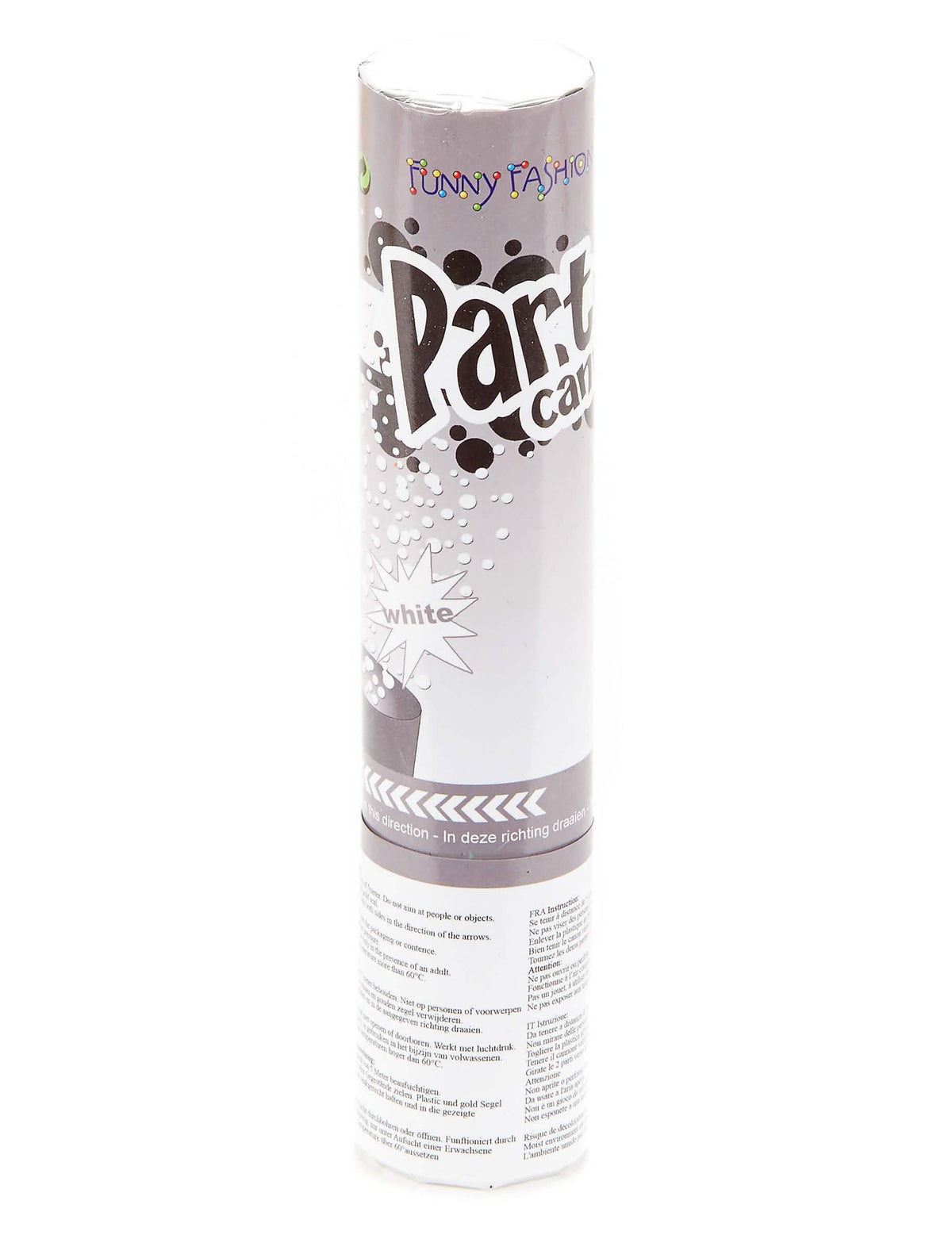Verpackungsdetails der weißen Konfetti-Kanone für die Party mit Druckluft