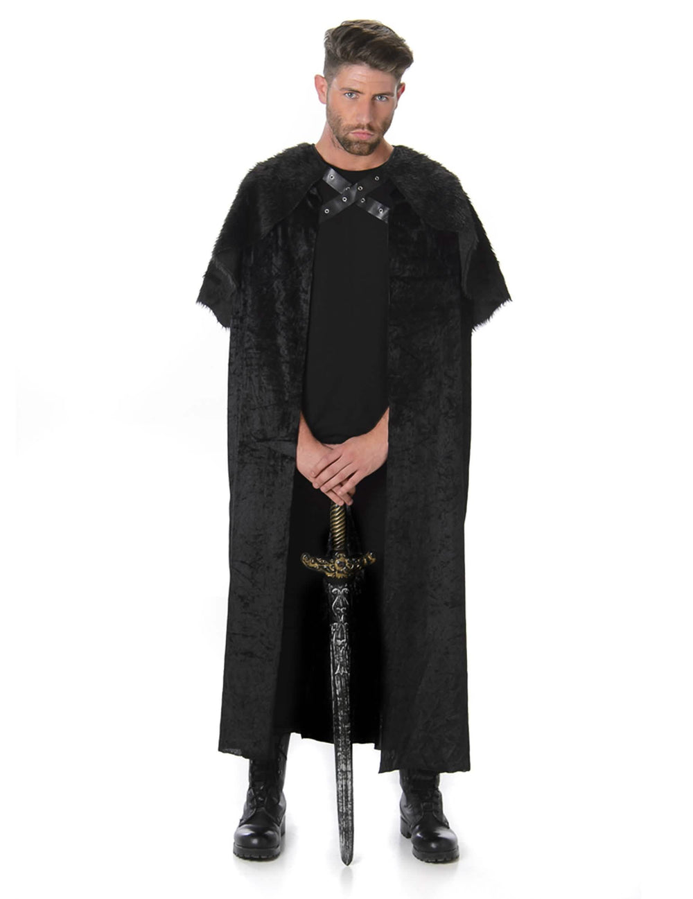 Cape avec fourrure médiévale pour homme noire avec col en fausse fourrure