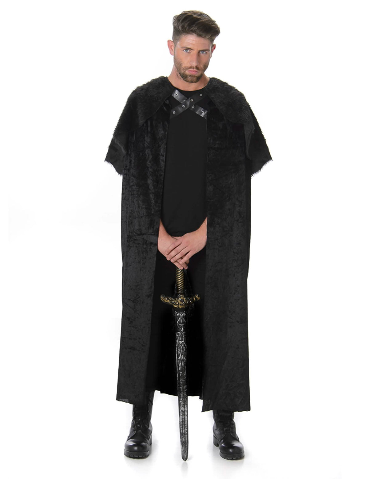 Cape avec fourrure médiévale pour homme noire avec col en fausse fourrure
