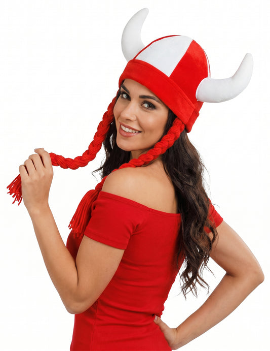Stoffhelm mit Hörnern und Zöpfen, Fan weiß und rot