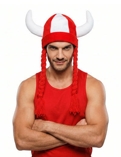 Stoffhelm mit Hörnern und Zöpfen, Fan weiß und rot