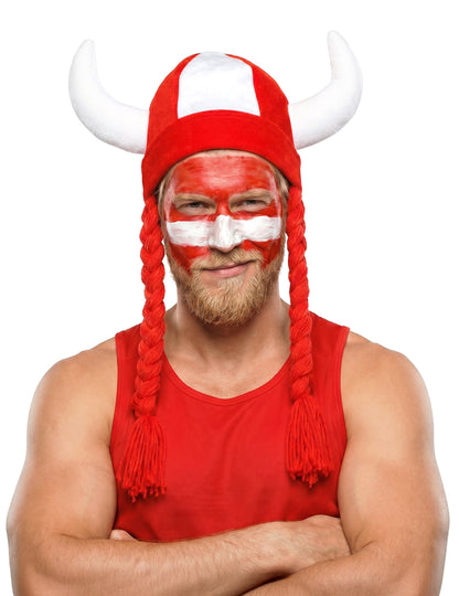 Stoffhelm mit Hörnern und Zöpfen, Fan weiß und rot