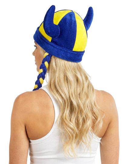 Stoffhelm mit Hörnern und Zöpfen, Fanartikel in Blau und Gelb Schweden