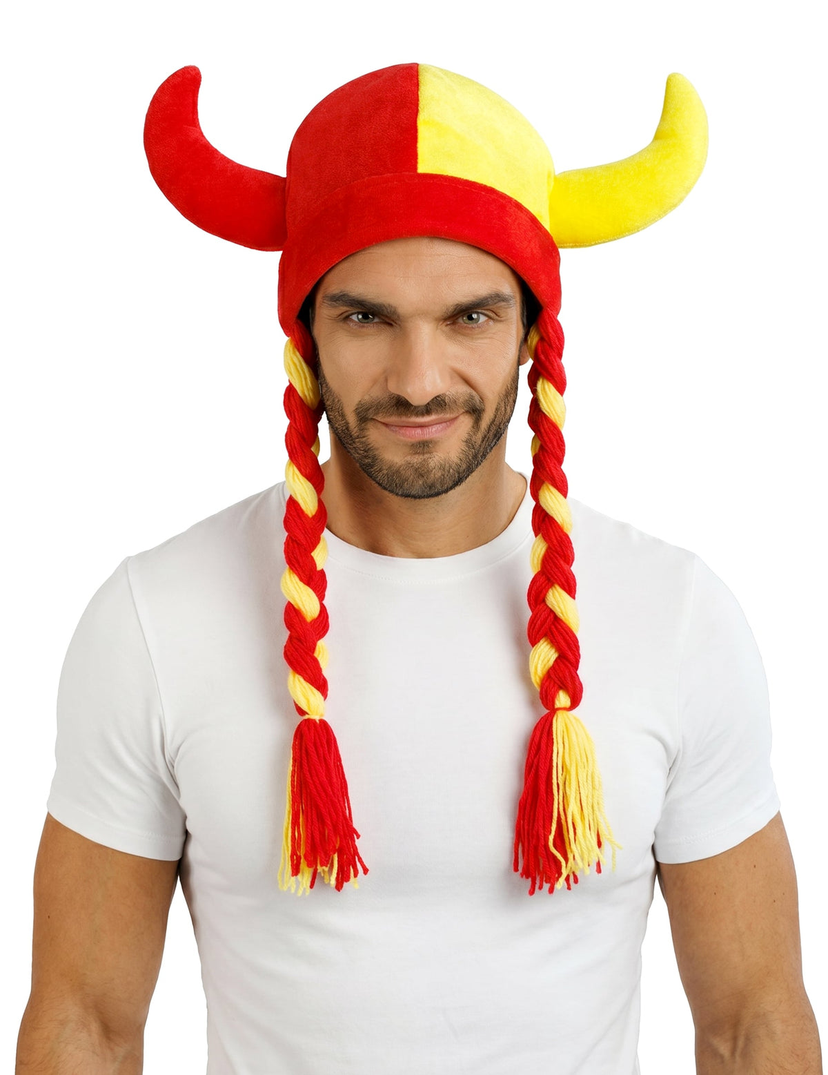 Stoffhelm mit Hörnern und Zöpfen, Fan rot und gelb Spanien