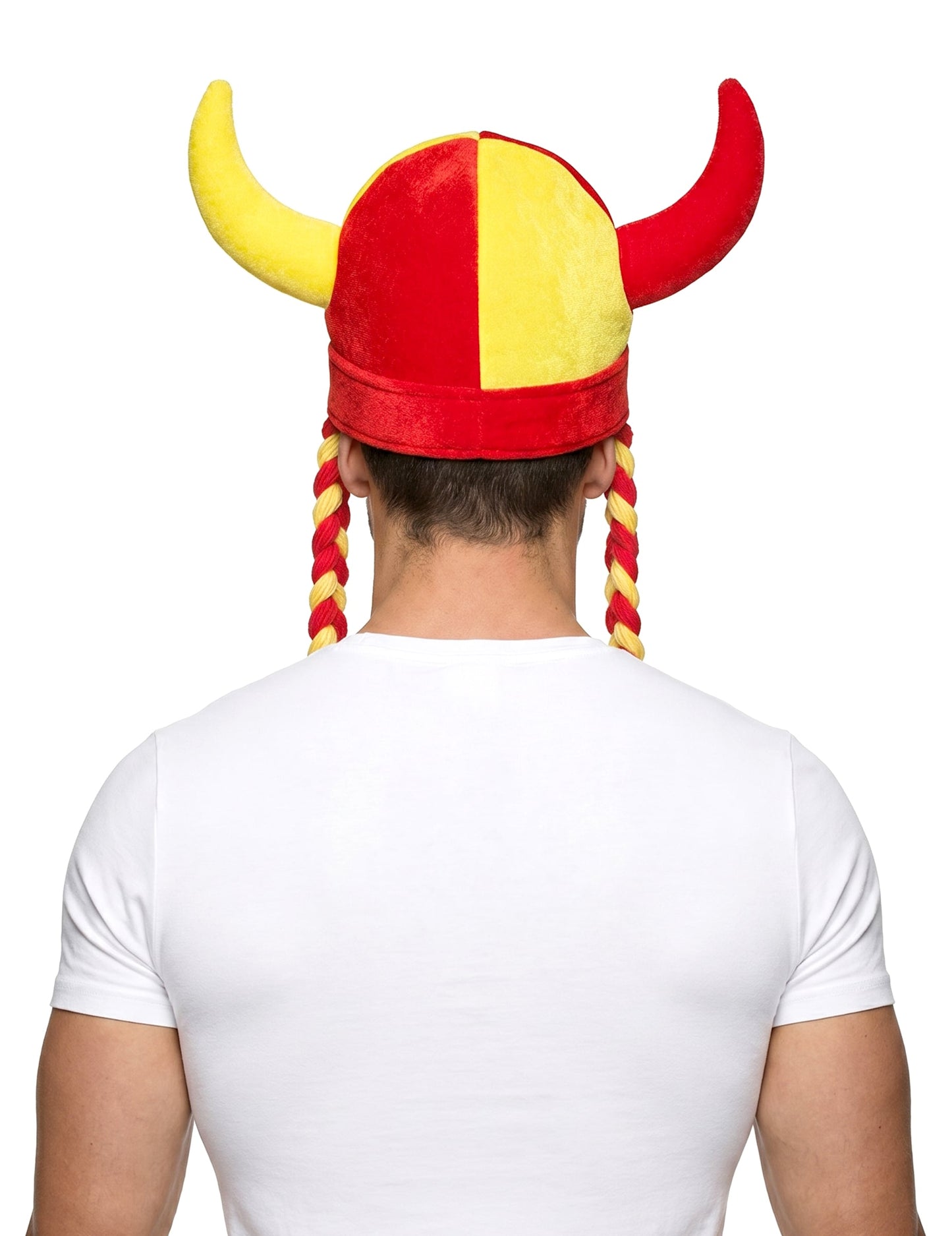 Stoffhelm mit Hörnern und Zöpfen, Fan rot und gelb Spanien