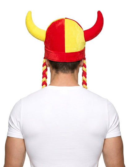 Stoffhelm mit Hörnern und Zöpfen, Fan rot und gelb Spanien