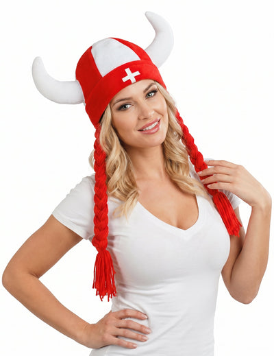 Stoffhelm mit Hörnern und Zöpfen Schweizer Fan