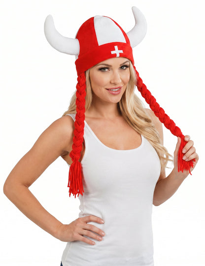 Stoffhelm mit Hörnern und Zöpfen Schweizer Fan
