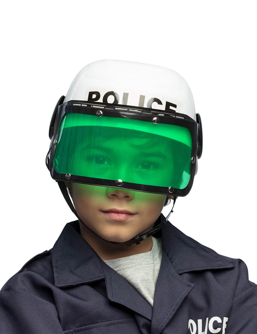 Weißer Polizeihelm für Kinder mit grüner Visier