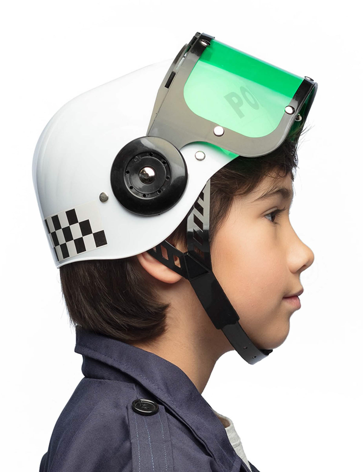 Seitenansicht des Kinder-Polizeihelms mit hochgeklappter Visier