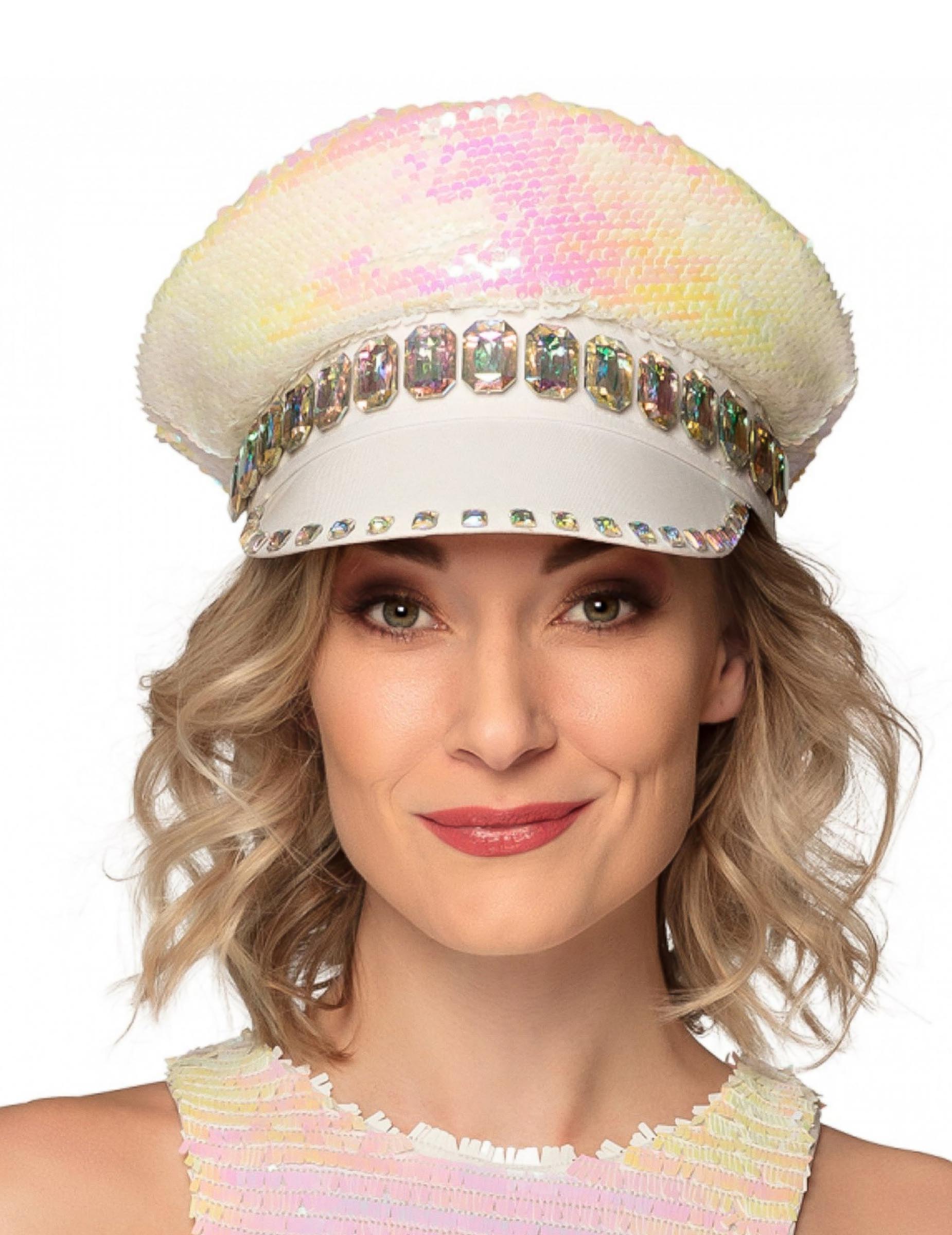 Casquette à sequins réversibles pour adulte nacre et blanc avec bijoux fantaisie