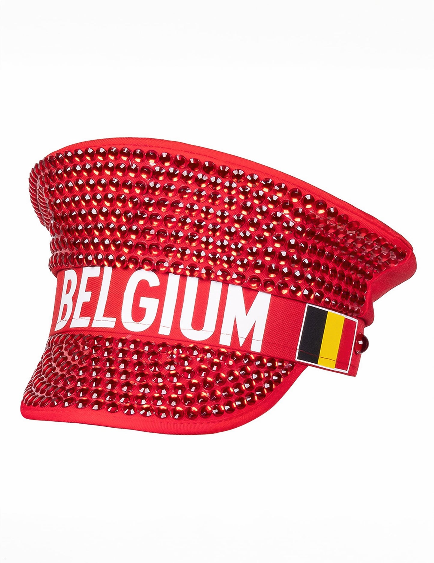 Vue de profil de la casquette à strass supporter Belgique