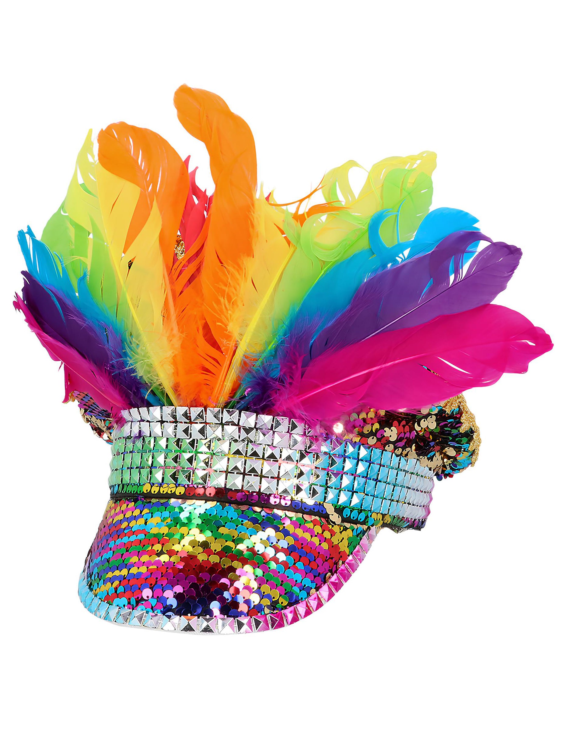 Vue de trois-quarts de la Casquette Arc-en-ciel avec sequins et plumes
