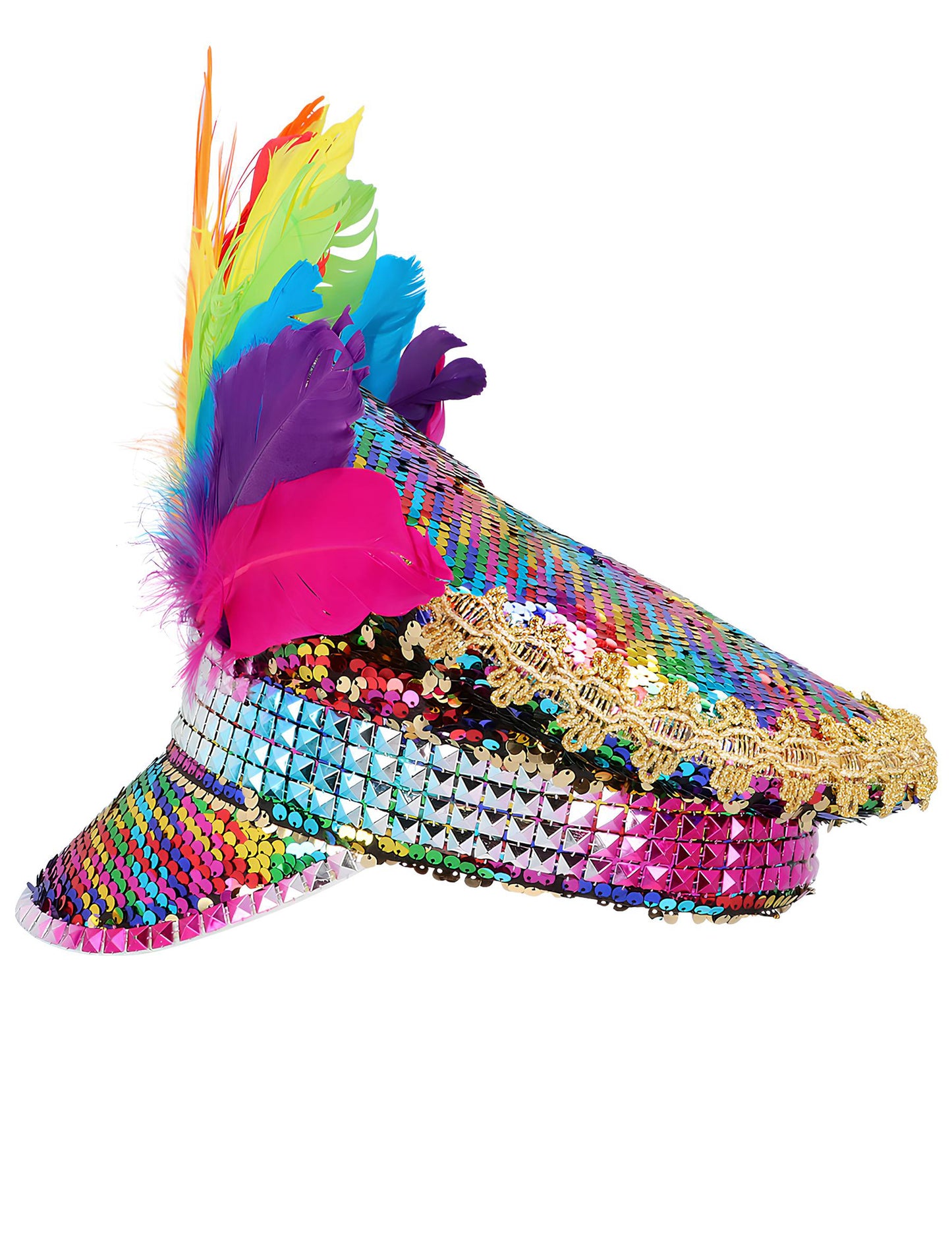 Vue latérale de la Casquette Arc-en-ciel avec sequins et plumes