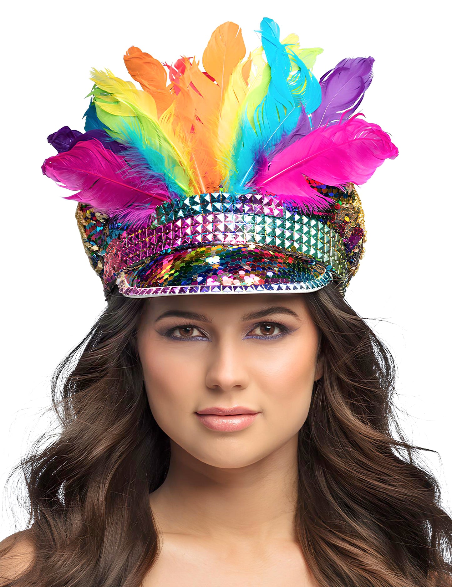 Casquette Arc-en-ciel avec sequins et plumes pour adulte multicolore