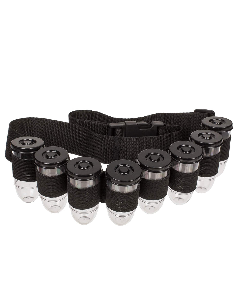 Détail des fioles et du système d'attache de la ceinture à shooters pour adulte