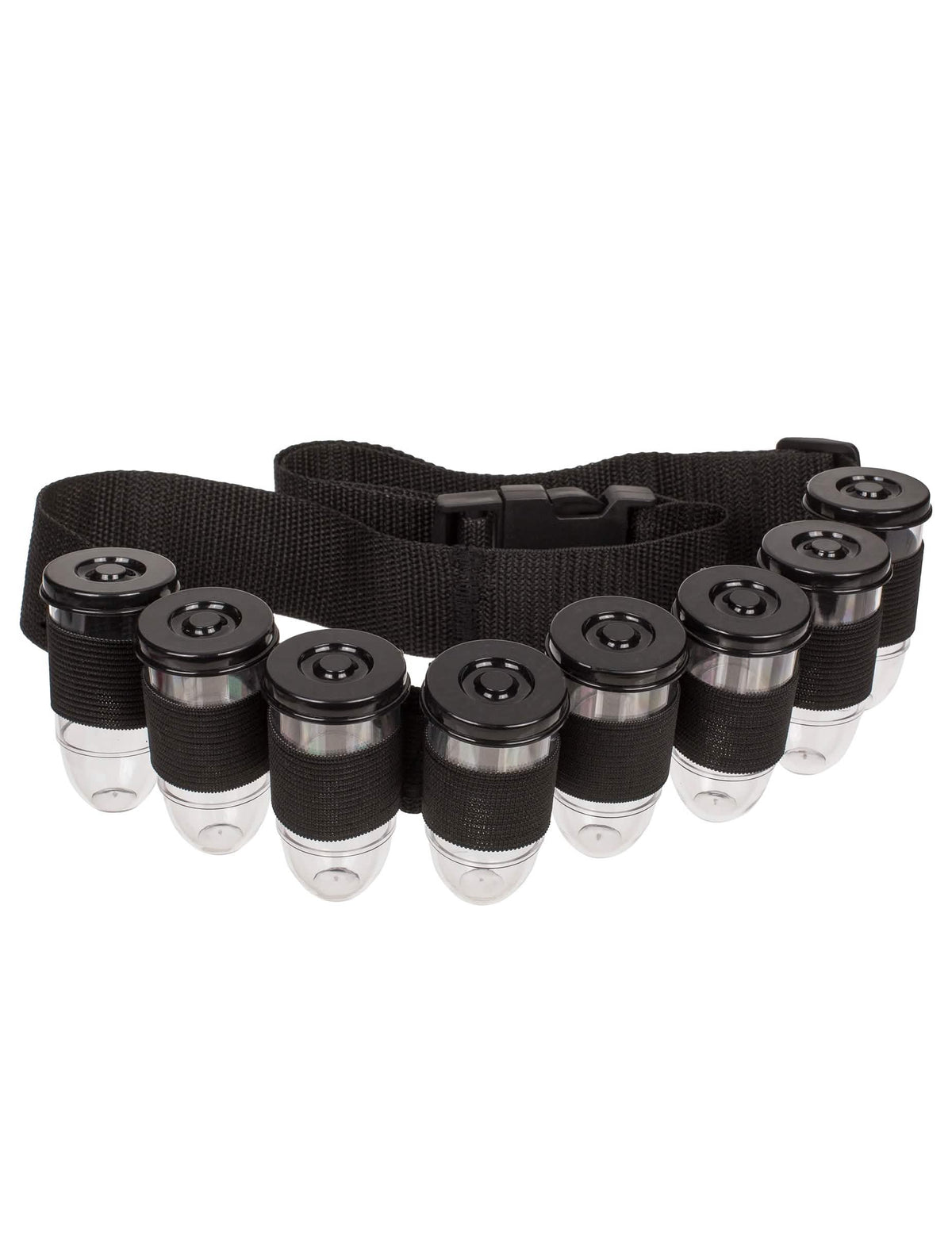 Détail des fioles et du système d'attache de la ceinture à shooters pour adulte