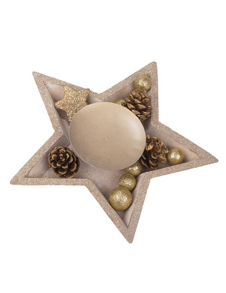 Centre de table bougeoir étoile pour noël en bois avec paillettes or