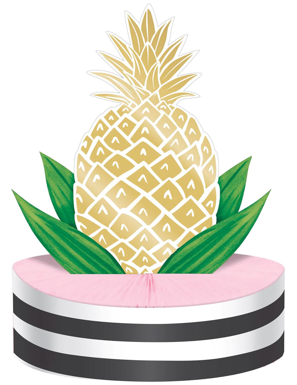 Centre de table en carton ananas doré pour fête rose alvéolé à rayures noires
