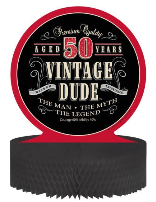 Centre de table en papier alvéolé anniversaire Vintage 50 ans pour homme noir et rouge Vintage Dude