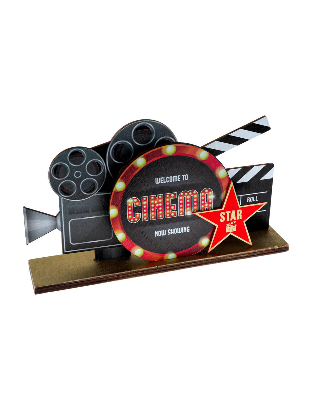Holz-Tischmittelstück Hollywood für Party Schwarz und Rot mit Kamera und Filmklappe