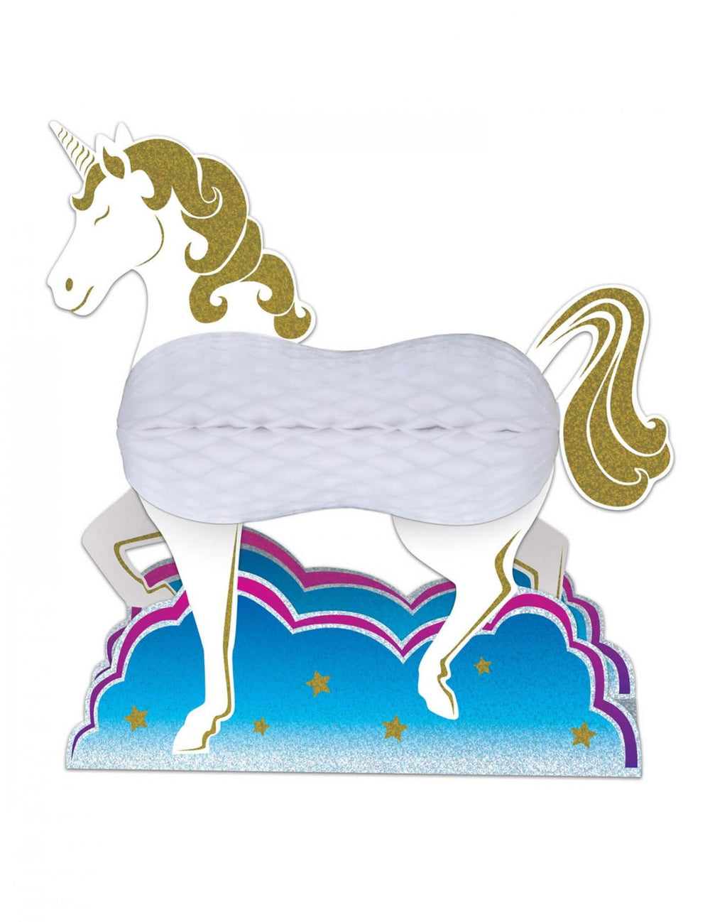 Papier-Tischdeko Einhorn für Kinder, weiß und gold mit Wabenkörper und Blau Wolke