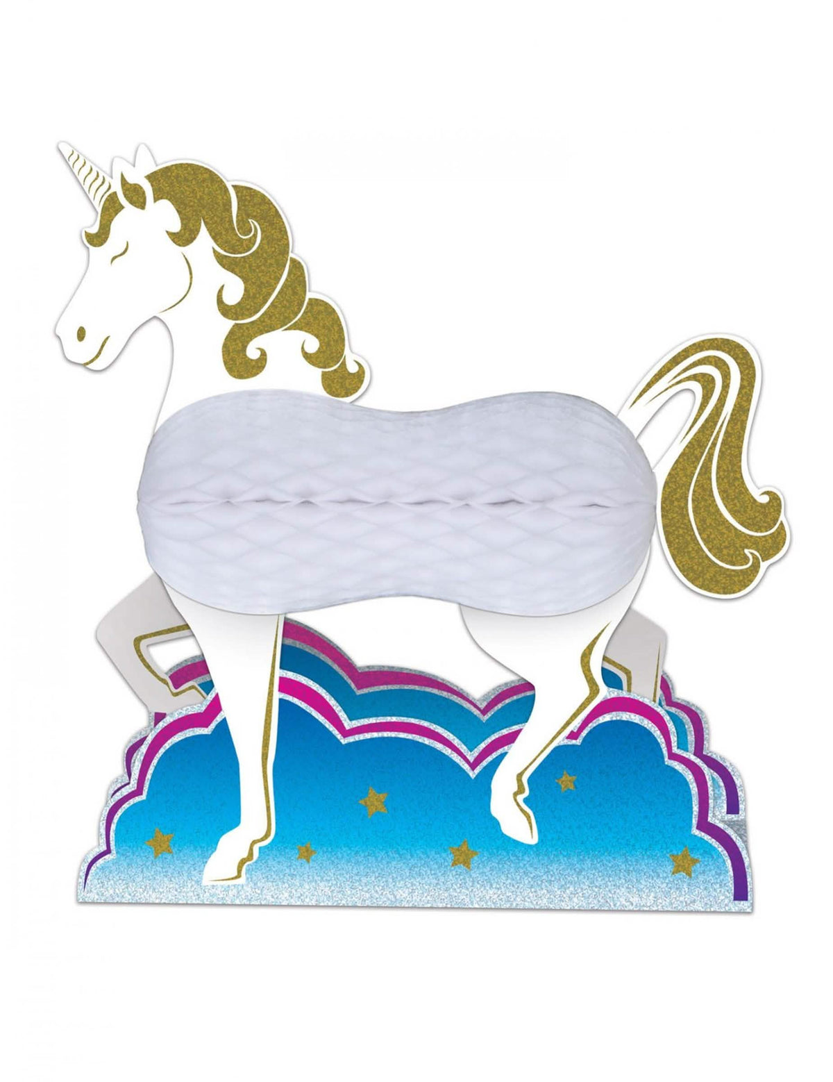 Papier-Tischdeko Einhorn für Kinder, weiß und gold mit Wabenkörper und Blau Wolke