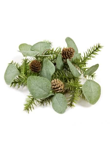 Centre de table eucalyptus, sapin et pommes de pin pour décoration vert et marron