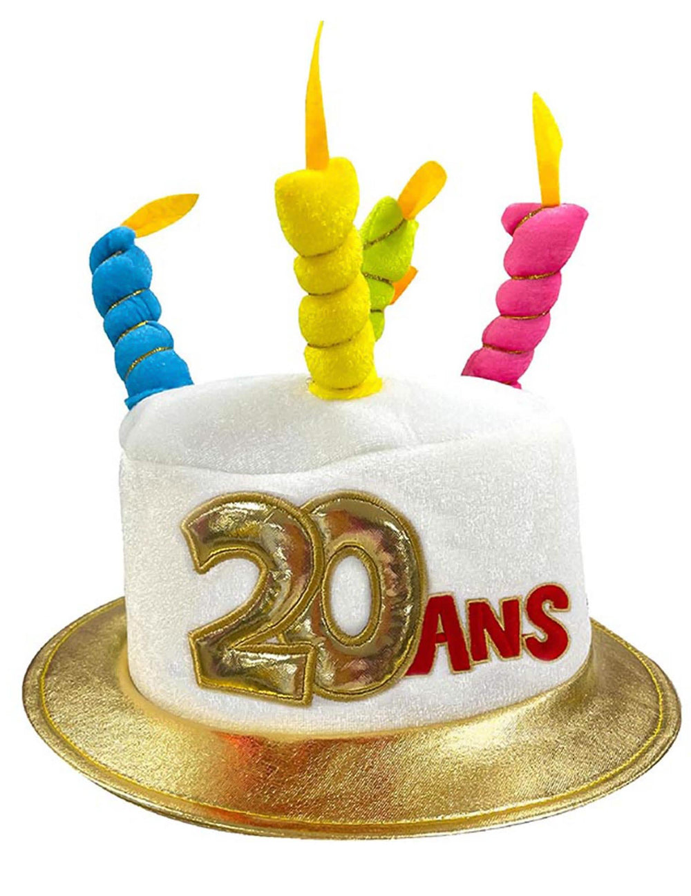 Chapeau gâteau anniversaire 20 ans pour adulte blanc avec bougies multicolores et liseré doré