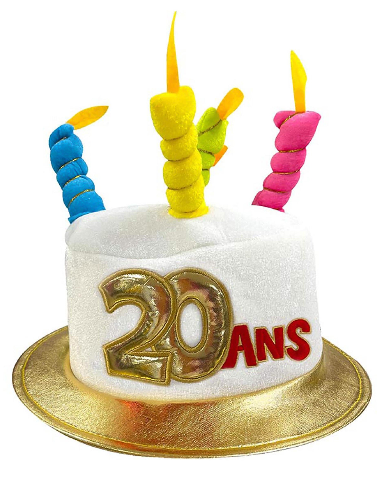 Chapeau gâteau anniversaire 20 ans pour adulte blanc avec bougies multicolores et liseré doré