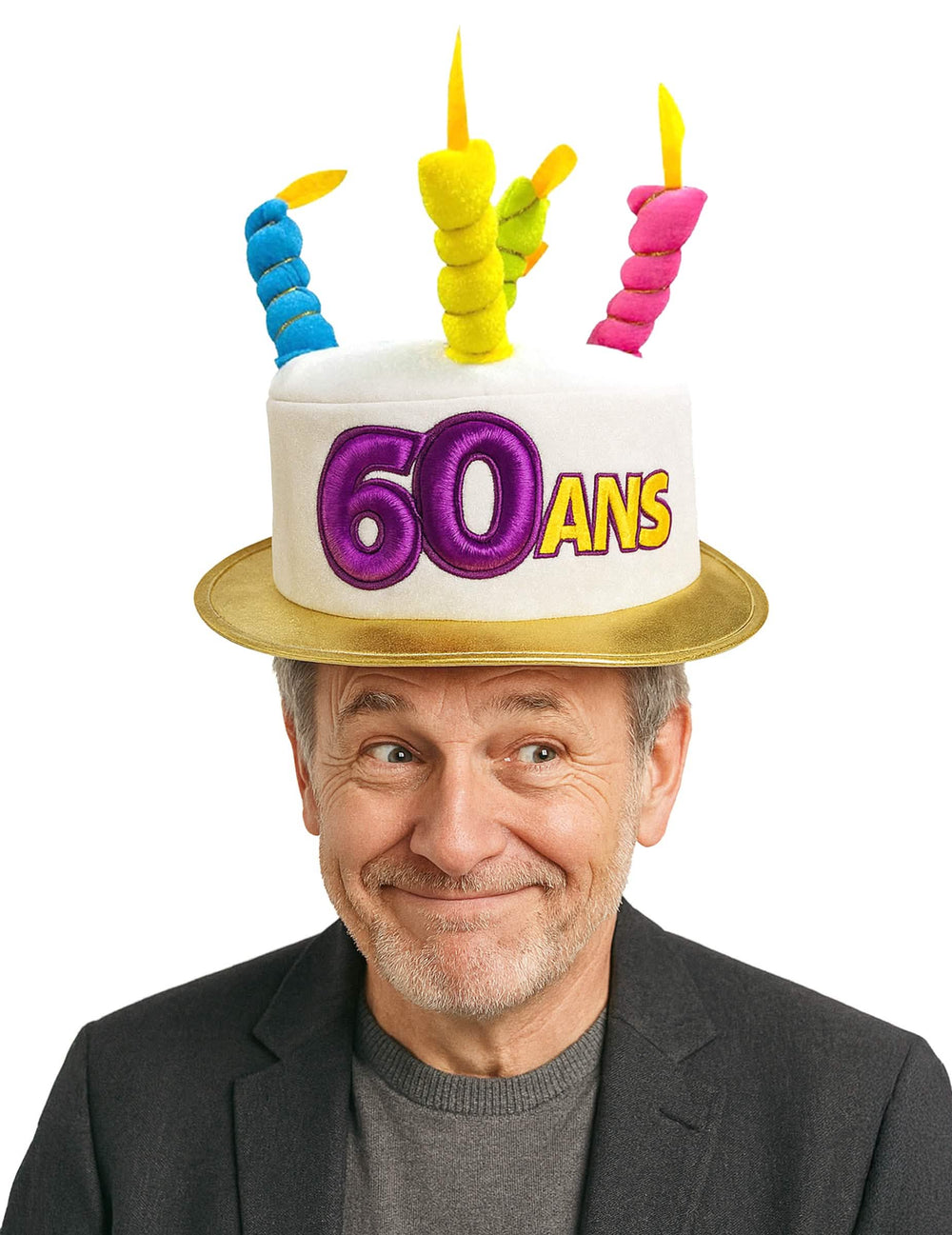 Kuchenhut 60. Geburtstag für Erwachsene Weiß mit bunten Kerzen