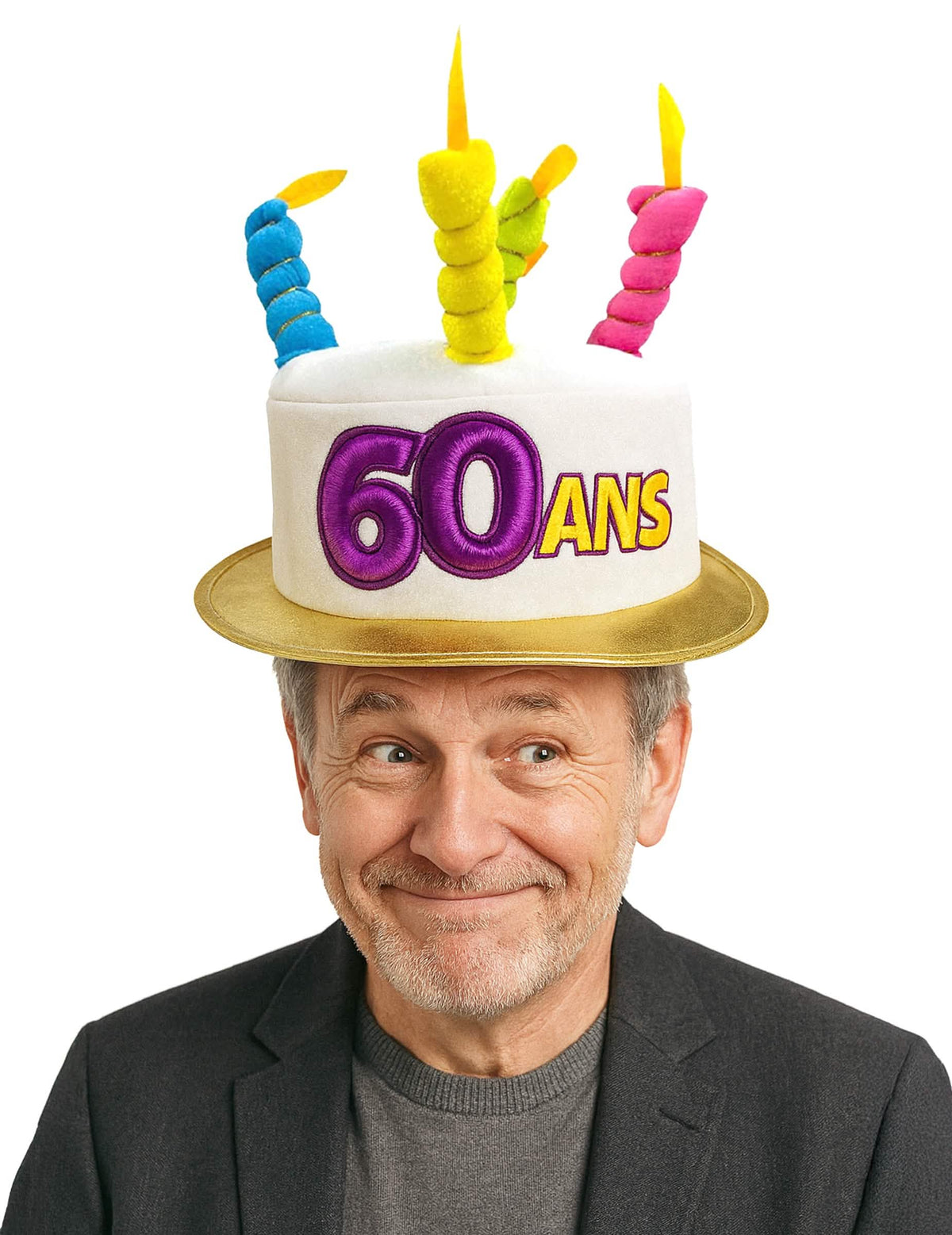Kuchenhut 60. Geburtstag für Erwachsene Weiß mit bunten Kerzen