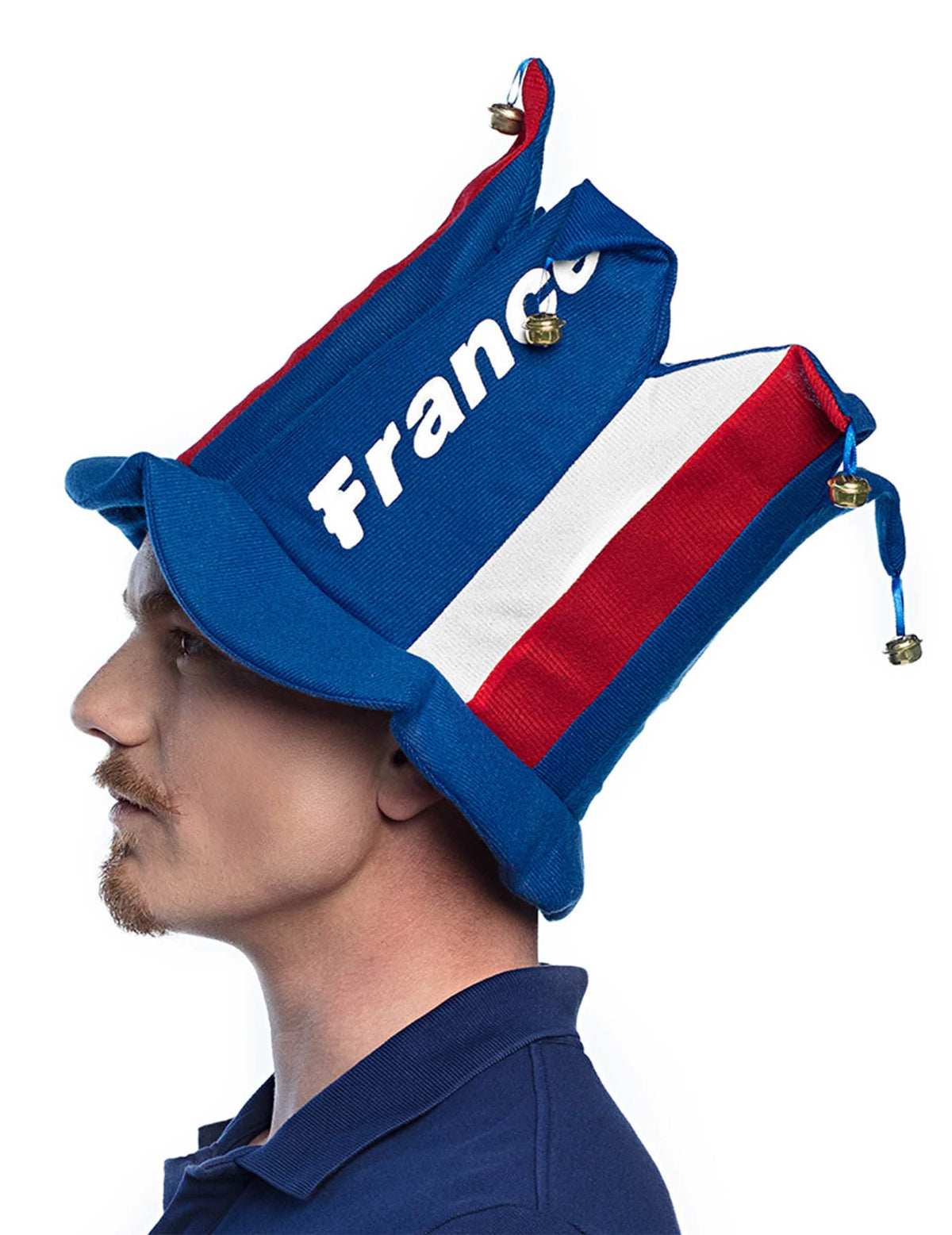 Seitenansicht des Huts mit Glöckchen supporter Frankreich