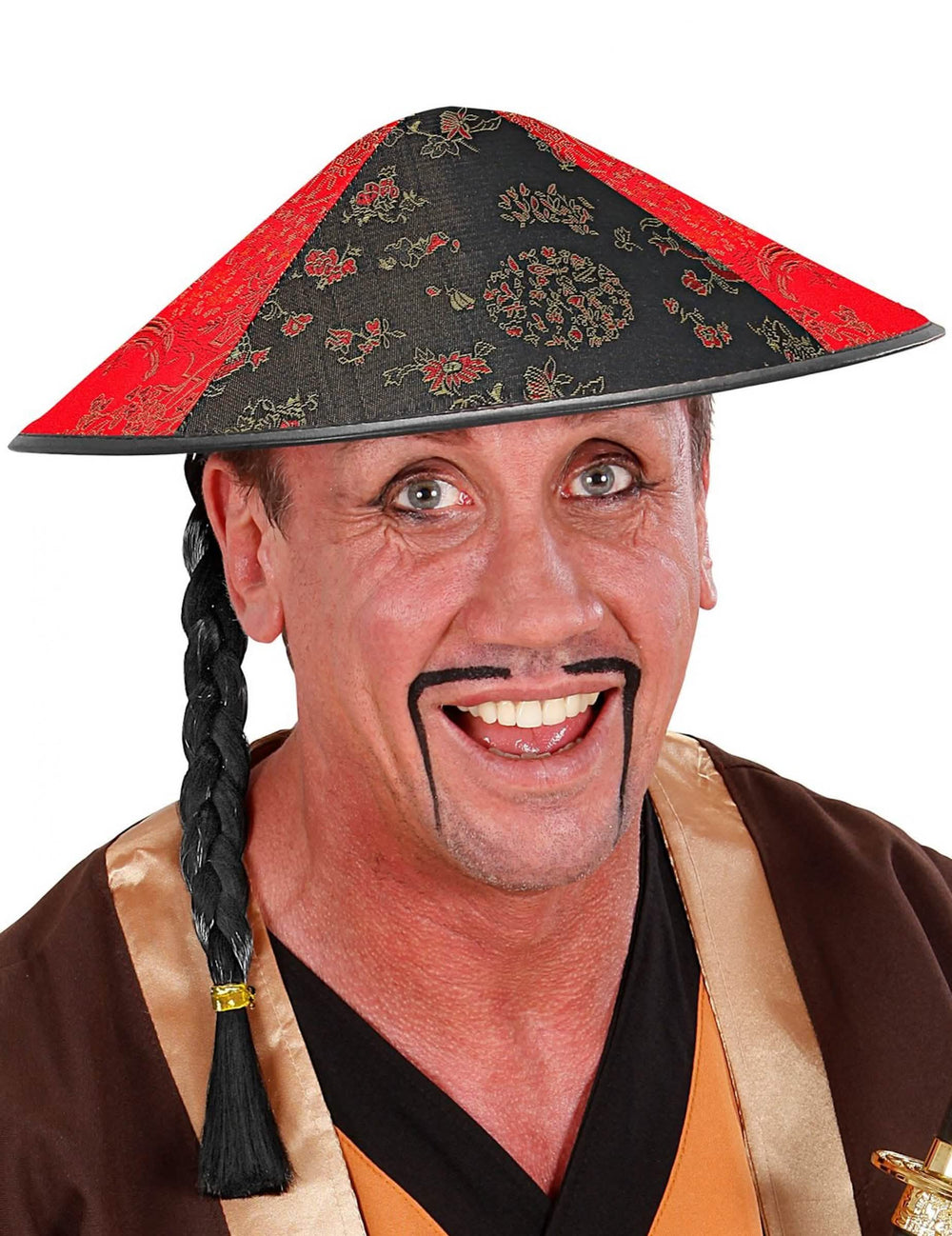 Chinesischer Hut für Erwachsene Rot und Schwarz mit schwarzem Zopf